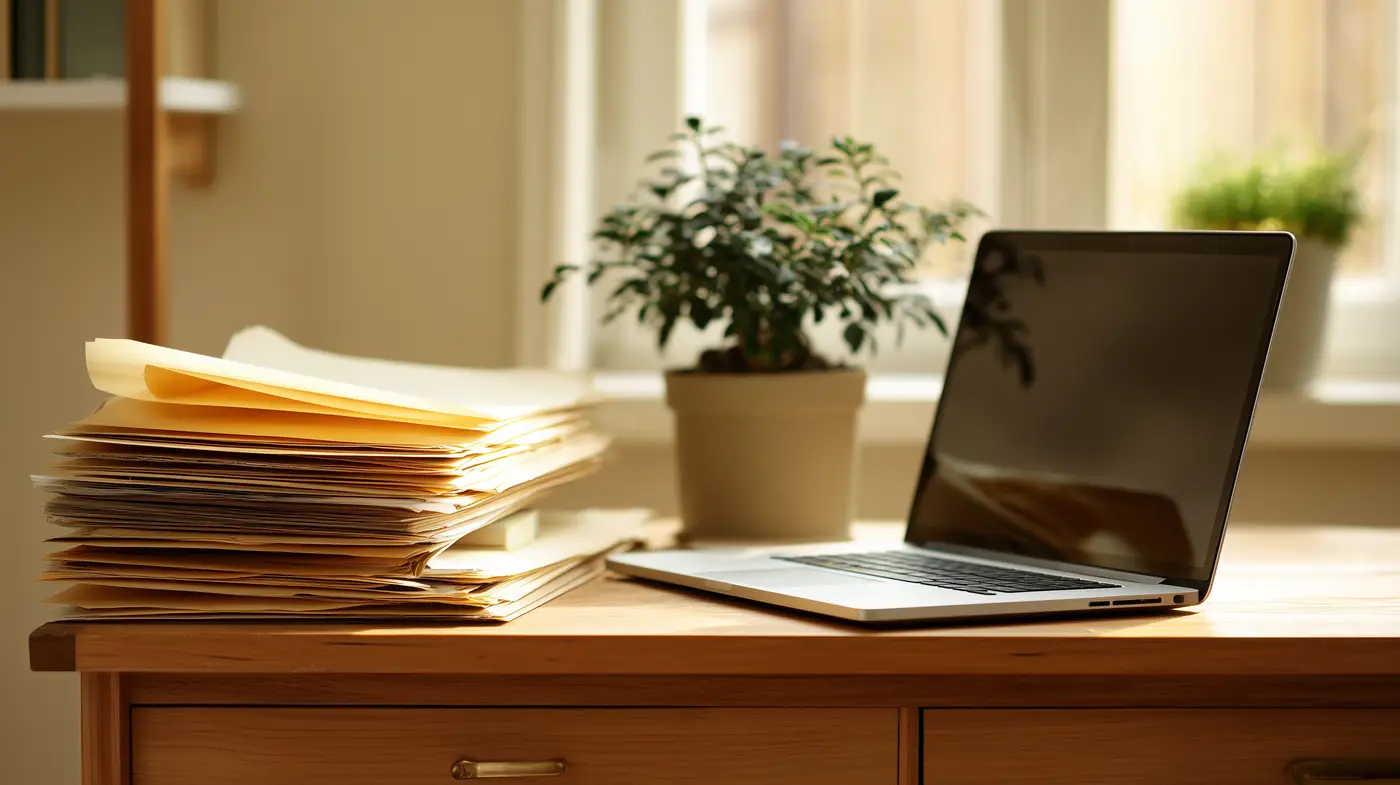 An organized law office desk with stacks of folders and bank statements beside a laptop in soft morning light