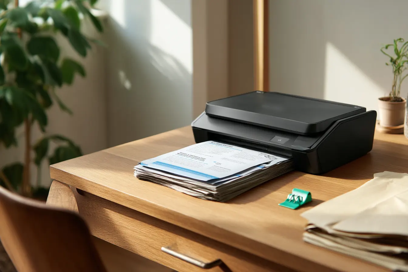A messy pile of paper statements on one side and the same pages in a neat stack beside a document scanner