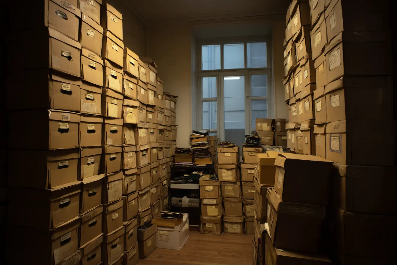 A back room stacked floor to ceiling with banker's boxes of closed client files