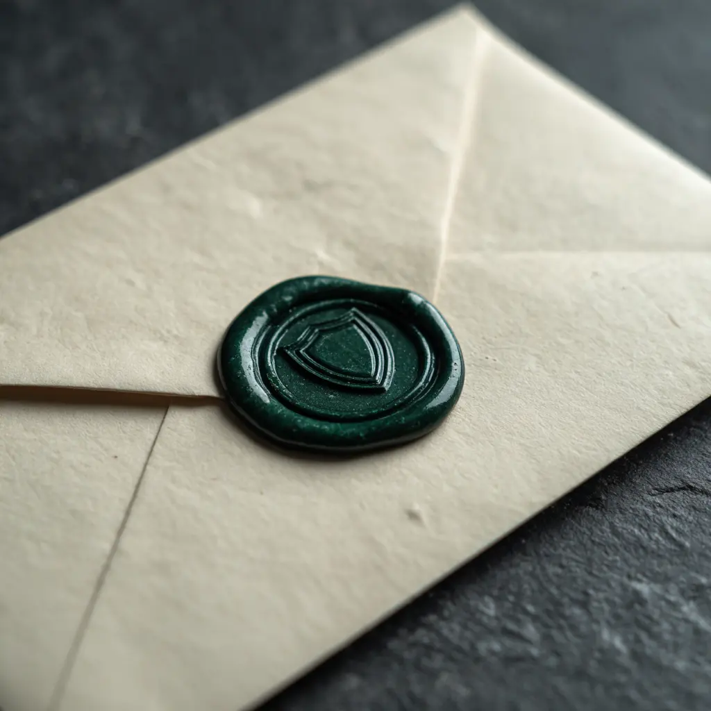A cream envelope sealed with an emerald green wax seal on dark stone